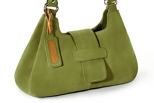 Pistachio green women's dress handbag, matching pumps and belts. Front view - Florence KOOIJMAN